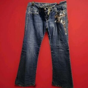 Trinity Dark Blue Embroidered Wide Leg Jeans